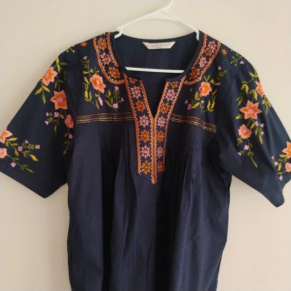 Wayward Fancies eShakti Floral Embroidered Pintuck Top Tunic Boho Peasant Cottag - Picture 3 of 14